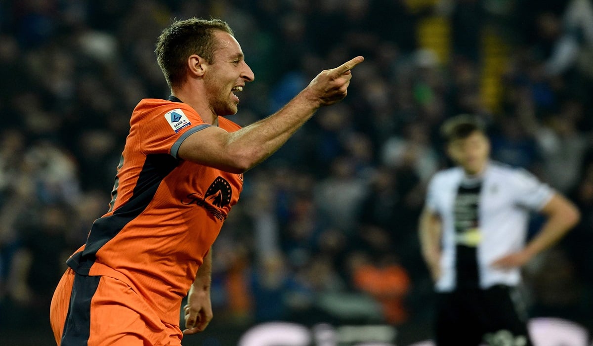 Gelandang Inter Milan Davide Frattesi melakukan selebrasi usai menjebol gawang Udinese di laga Serie A.