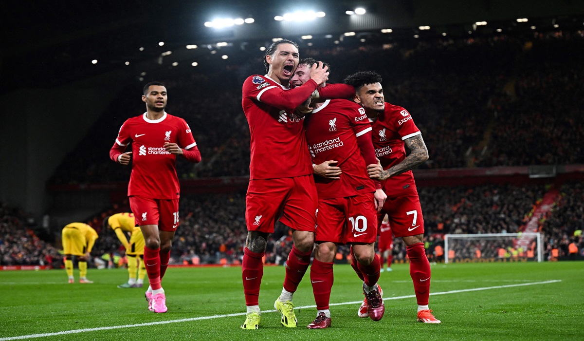Para pemain Liverpool melakukan selebrasi usai mencetak gol ke gawang Sheffield United di laga Liga Primer Inggris.
