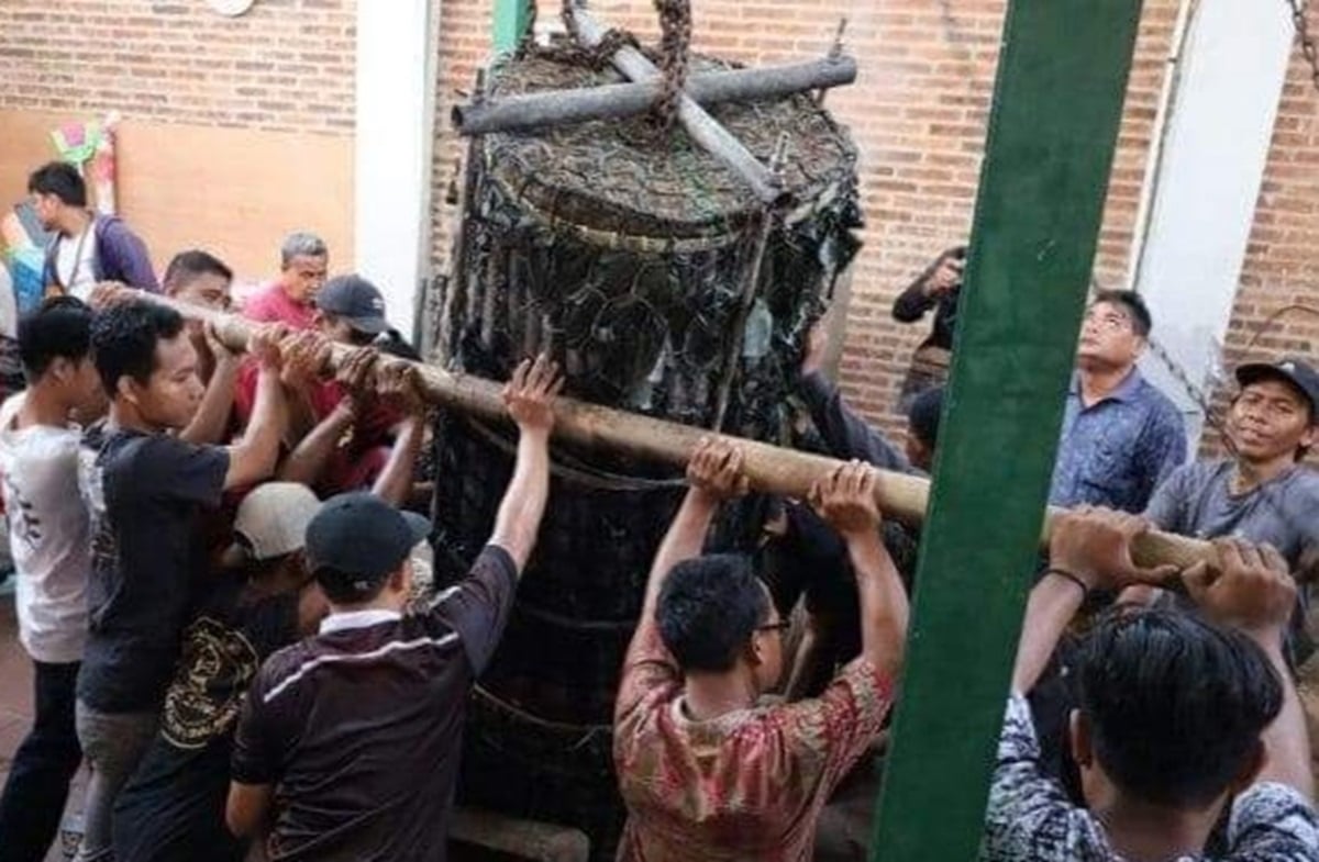 Proses pembuatan lopis raksasa di Pekalongan sebagai tradisi Syawalan di Krapyak, Kecamatan Pekalongan Utara, Kota Pekalongan.