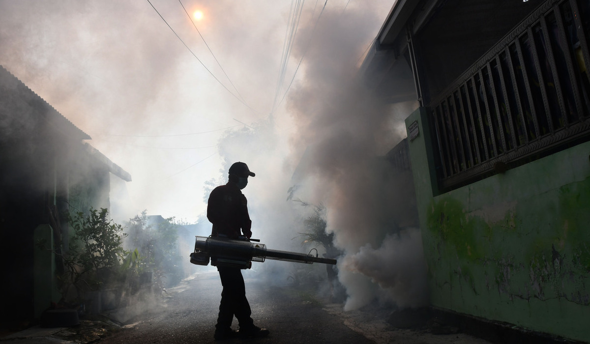 Petugas melakukan pengasapan atau fogging untuk mencegah penyebaran demam berdarah dengue (DBD).