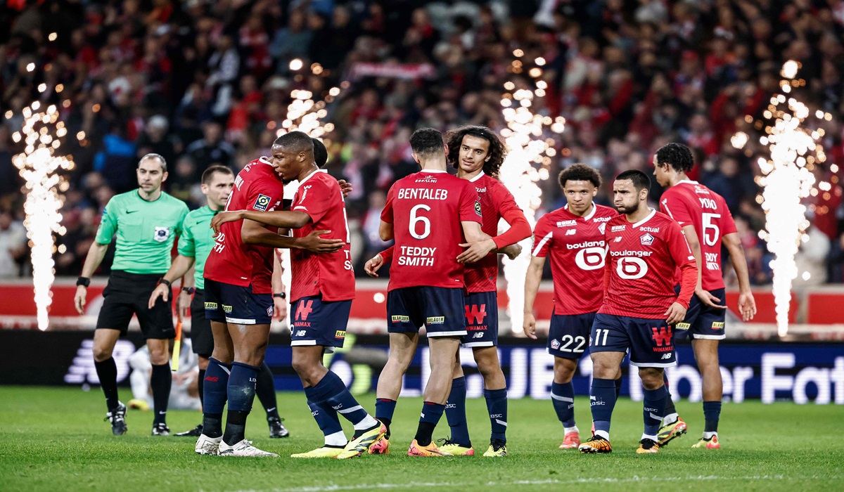 Para pemain Lille melakukan selebrasi usai mengalahkan Marseille di laga Ligue 1.