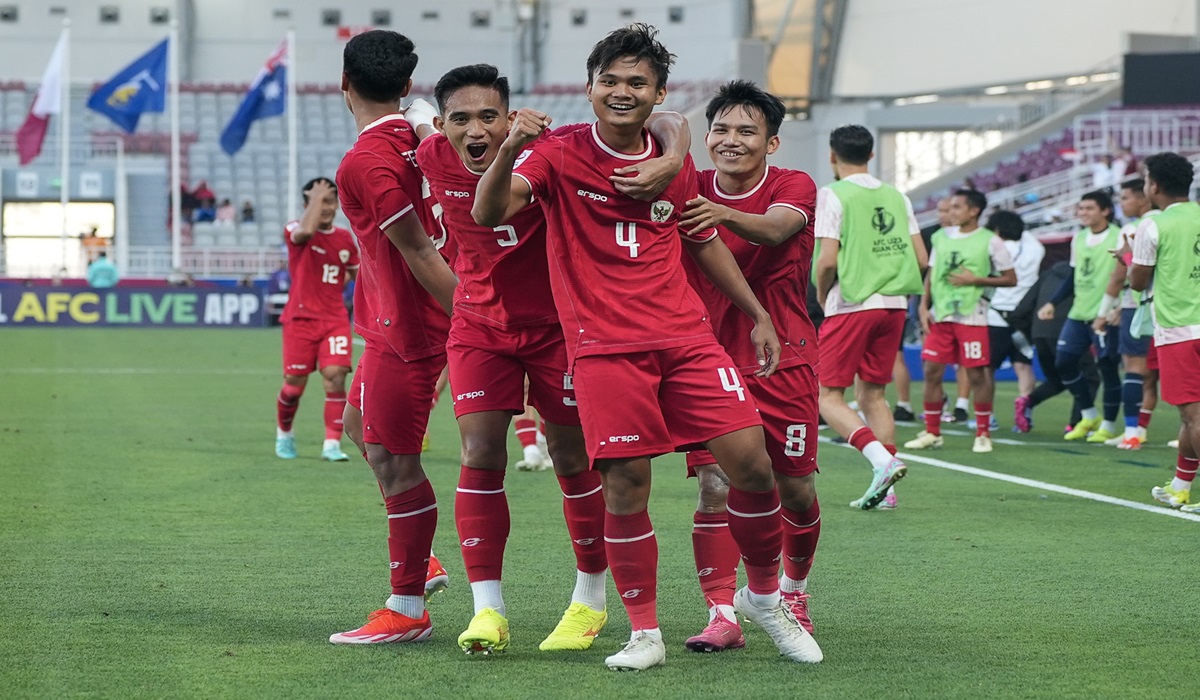 Para pemain timnas Indonesia melakukan selebrasi usai menjebol gawang Australia di laga Piala Asia U-23.
