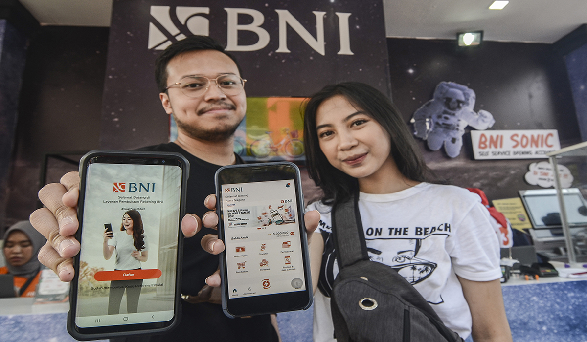 Aplikasi New BNI Mobile Banking yang diluncurkan pada acara Soundfest di Bekasi, Jawa Barat, Minggu (25/8/2019).