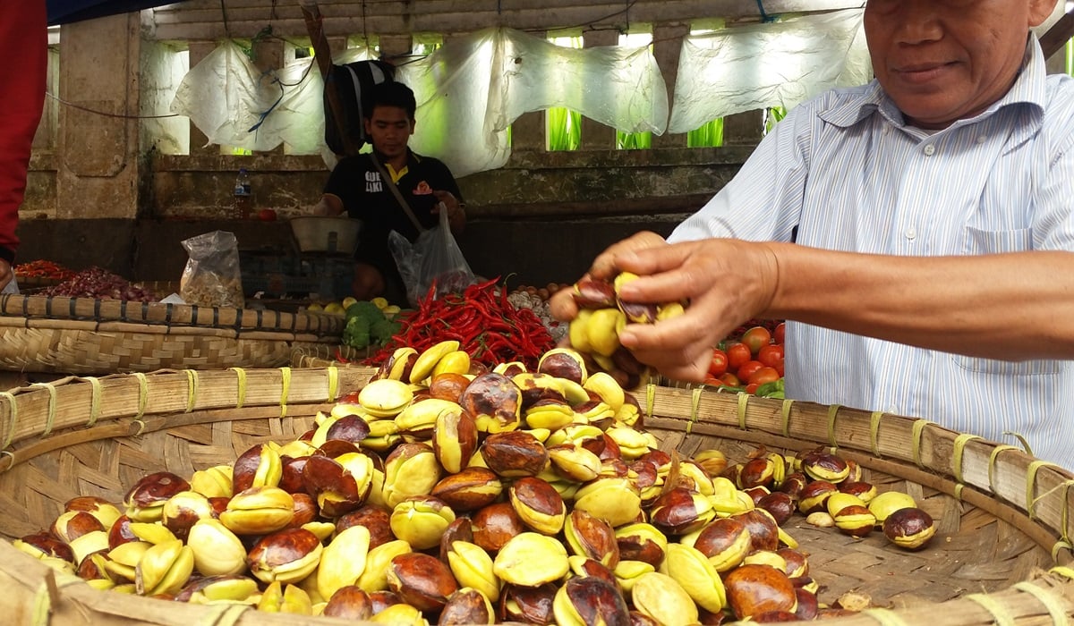 Pedagang sayuran di Jalan Yulius Usman Kota Sukabumi, Jawa Barat, sedang membereskan jengkol yang dijual ke masyarakat.