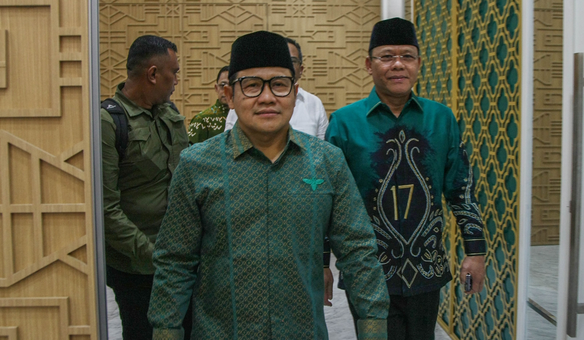 Ketua Umum PKB Muhaimin Iskandar saat menyambut kedatangan Plt Ketua Umum PPP, Muhamad Mardiono 