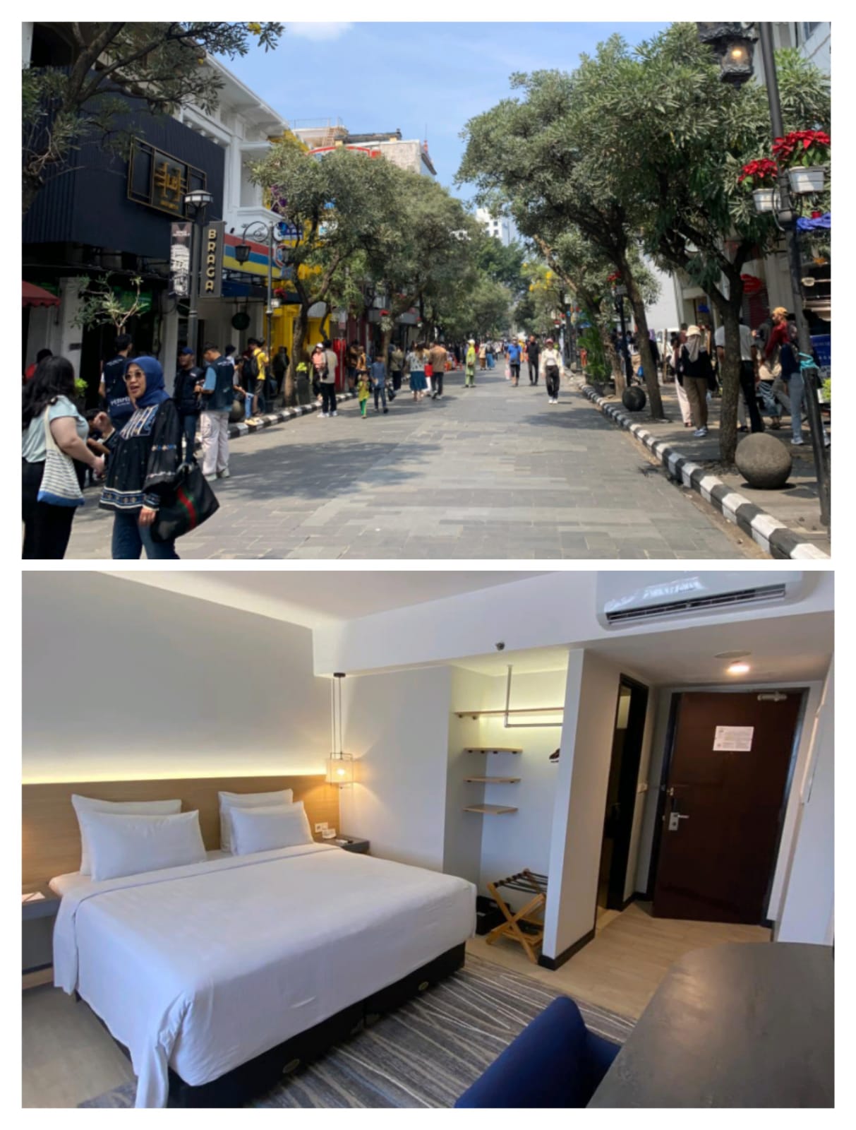 Situasi Jalan Braga di akhir pekan dan suasana kamar yang menyegarkan di  Grand Dafam Braga Bandung.