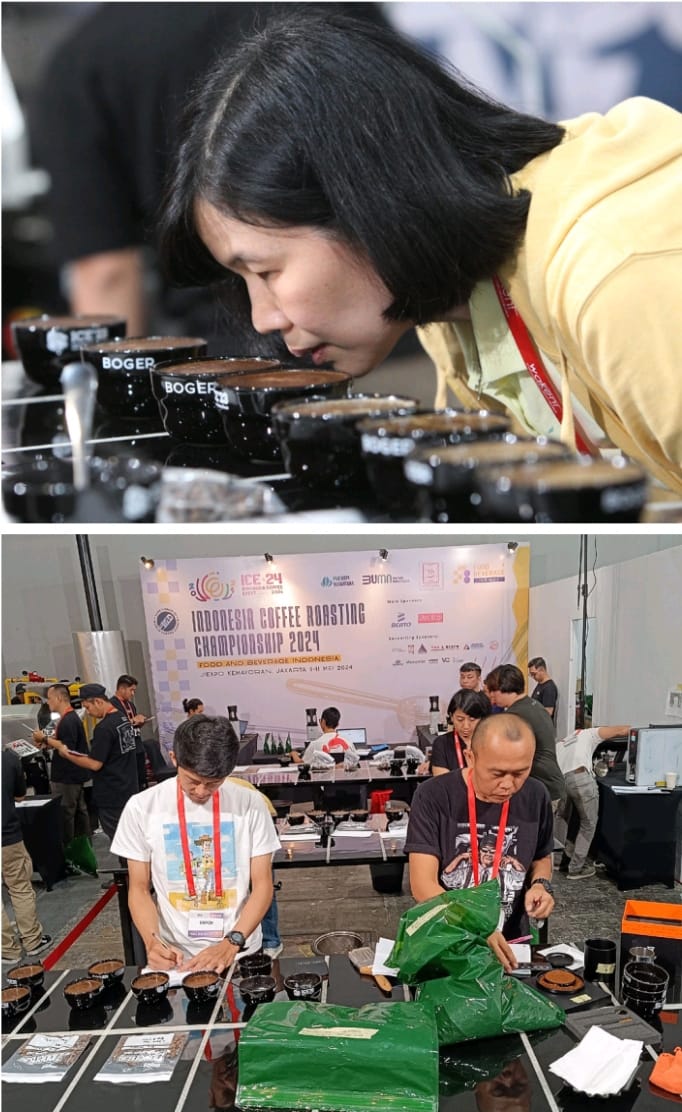 Para juri mencium aroma dan memberikan catatan saat kompetisi barista Indonesia Coffee Roasting Championship 2024 di Jiexpo, Kemayoran.