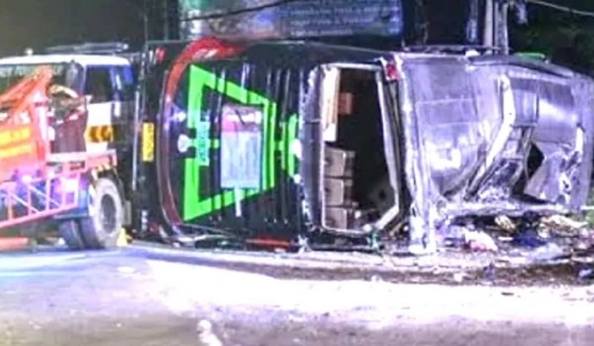 Kondisi bus Lingga Kencana yang mengalami kecelakaan di Subang, Jawa Barat.