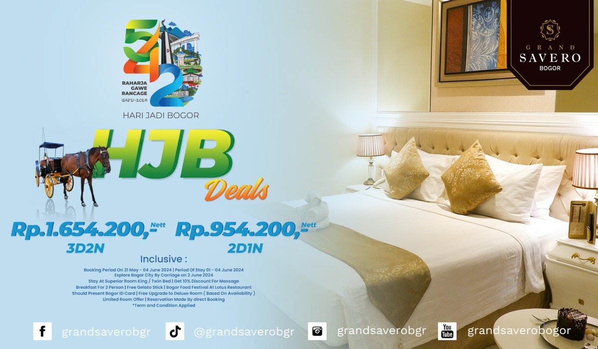 HUT Bogor, Hotel Grand Savero Bogor Hadirkan Diskon Khusus Warga Kota Hujan.