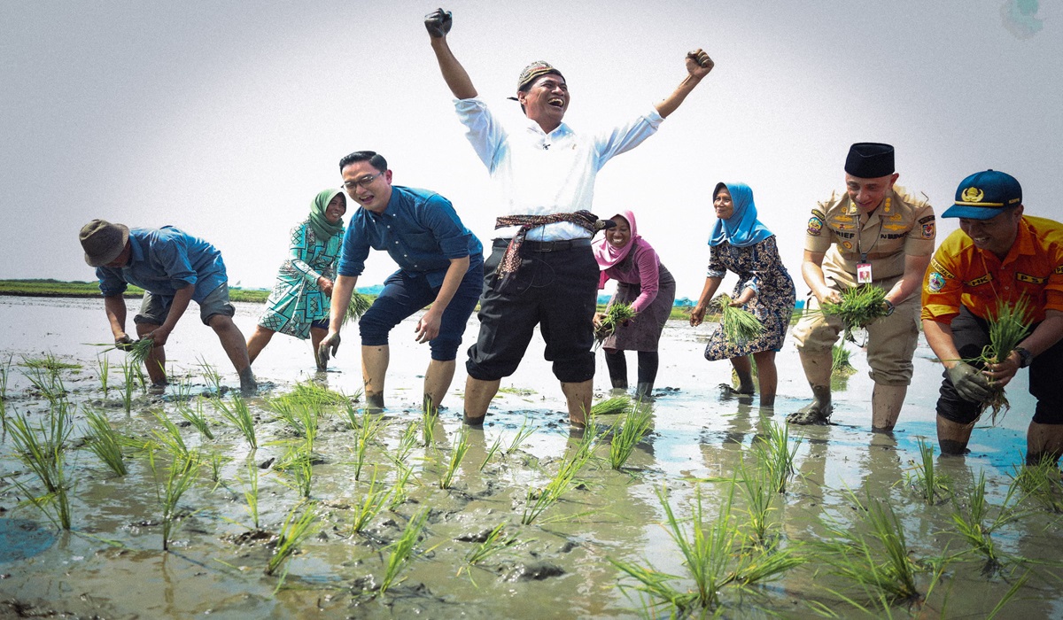 Menteri Pertanian Andi Amran Sulaiman (tengah) saat ambil bagian dalam pertanaman di Kelurahan Bancaran, Kabupaten Bangkalan, Jawa Timur.
