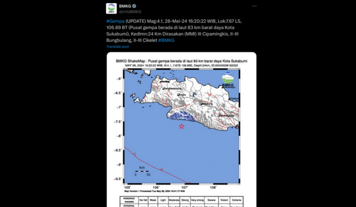 Keterangan BMKG soal gempa bumi di Kota Sukabumi, Selasa, 28 Mei 2024.