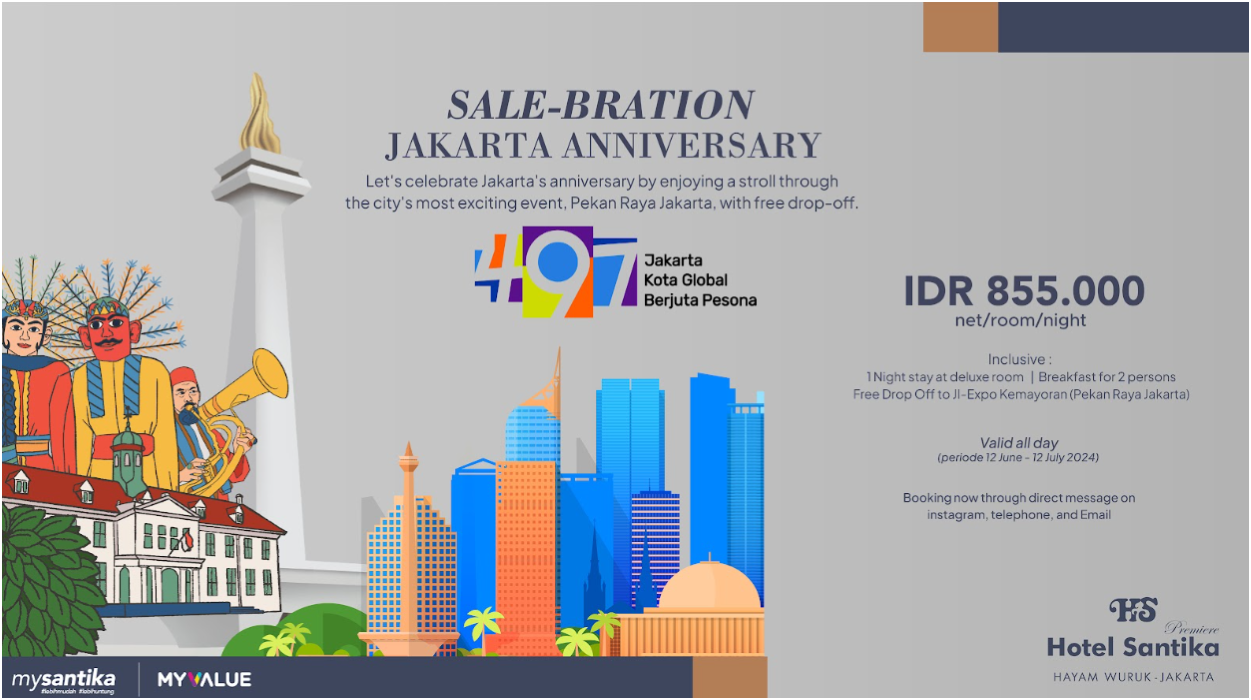 Hotel Santika Premiere Hayam Wuruk, Jakarta, memberikan paket kamar menarik, termasuk jasa antar ke Pekan Raya Jakarta.