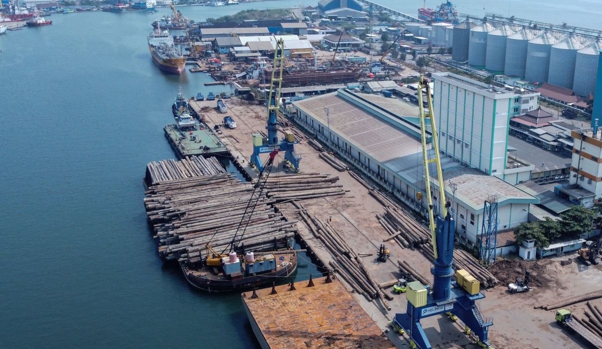 Foto udara aktivitas bongkar muat kayu gelondongan di Pelabuhan Tanjung Emas, Semarang, Jawa Tengah, Rabu (22/5/2024).