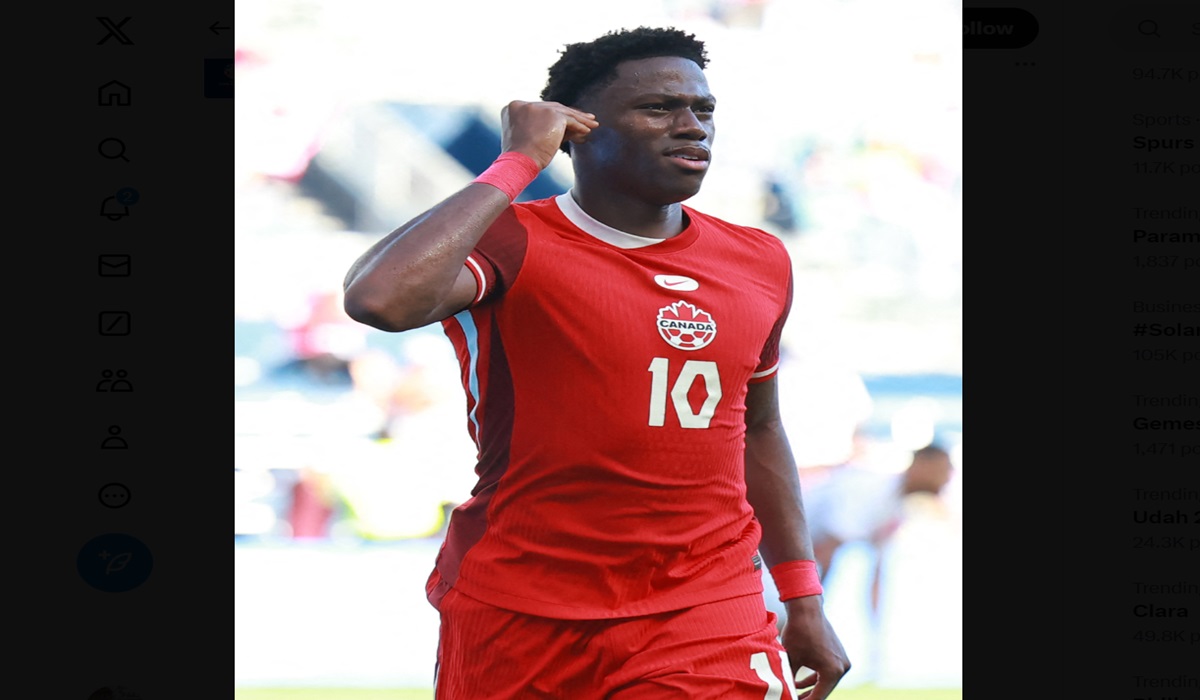 Penyerang timnas Kanada Jonathan David melakukan selebrasi usai mencetak gol ke gawang Peru di laga Copa America.