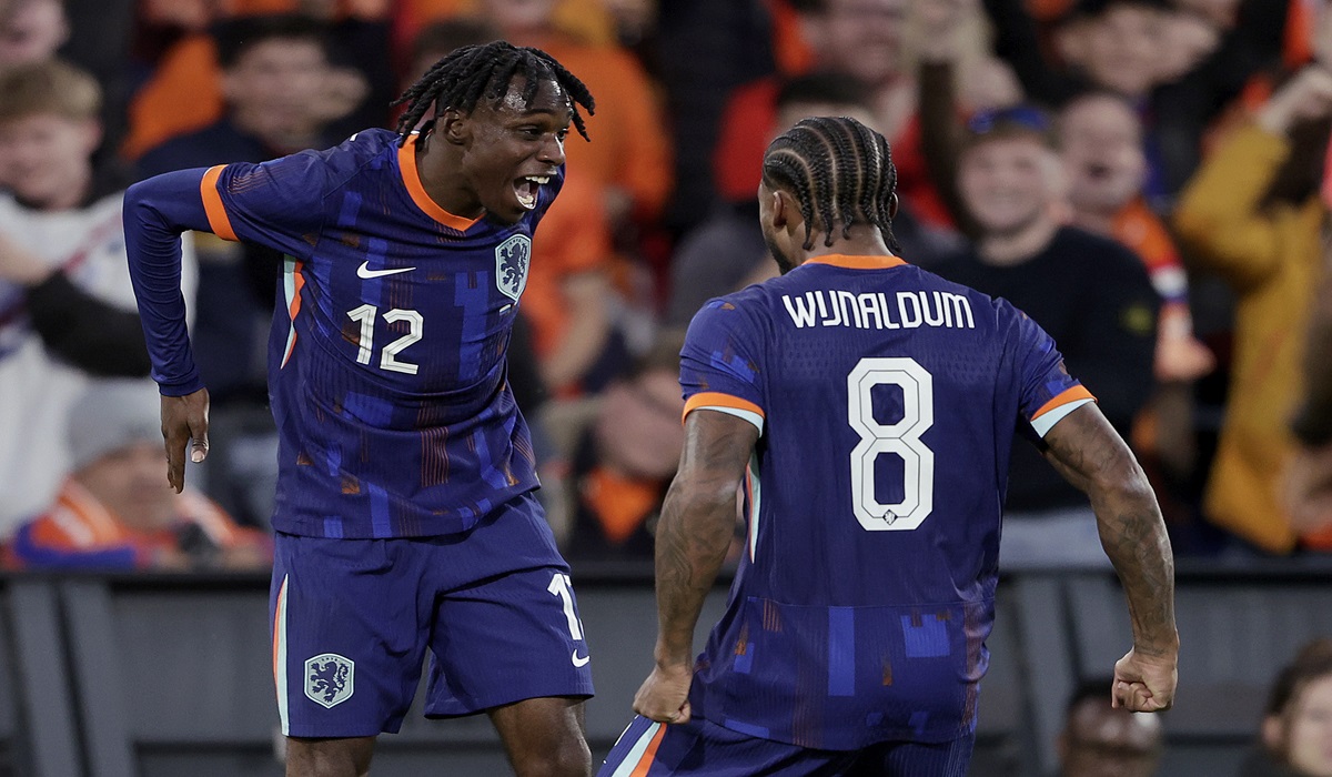 Pemain timnas Belanda melakukan selebrasi usai mencetak gol ke gawang Kanada di laga persaabatan.