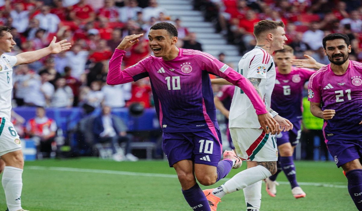 Penyerang timnas Jerman Jamal Musiala melakukan selebrasi usai menjebol gawang Hongaria di laga Euro 2024.