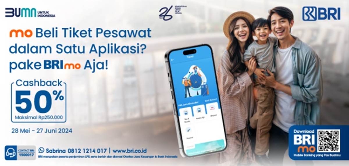 Aplikasi BRImo memudahkan pembelian tiket pesawat dengan cashback 50% hingga 27 Juni 2024.