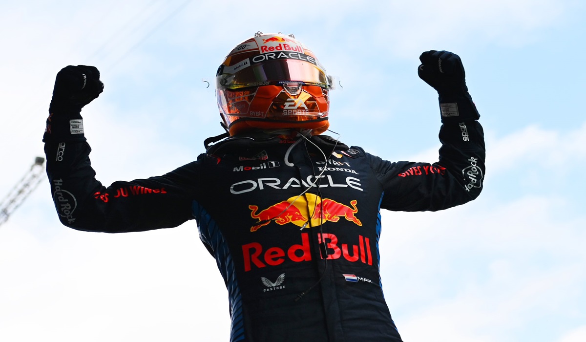 Pembalap Red Bull Max Verstappen usai menjadi juara di GP Spanyol