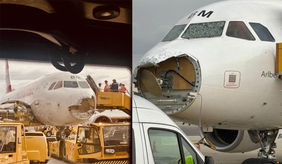 Sebuah pesawat Austrian Airlines mengalami kerusakan serius setelah terkena hujan es saat terbang melalui 