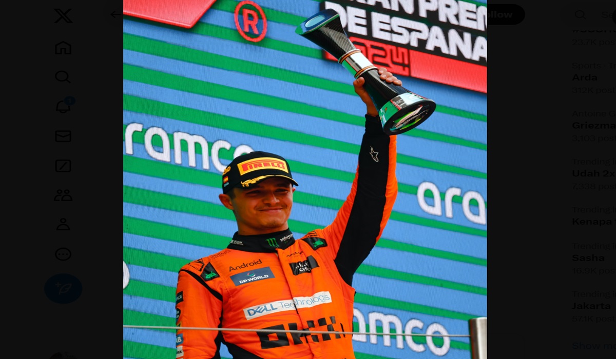 Pembalap McLaren Lando Norris usai finis kedua di GP Spanyol.