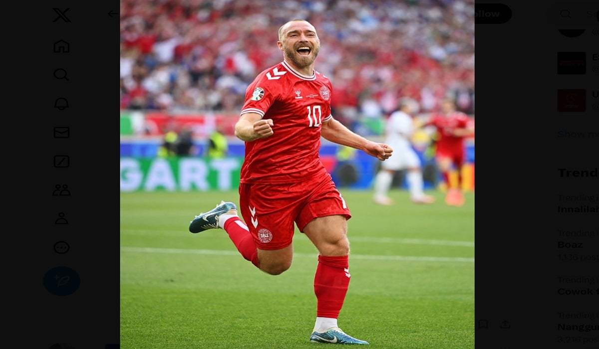 Gelandang timnas Denmark Christian Eriksen melakukan selebrasi usai mencetak gol ke gawang Slovenia di laga Euro 2024.