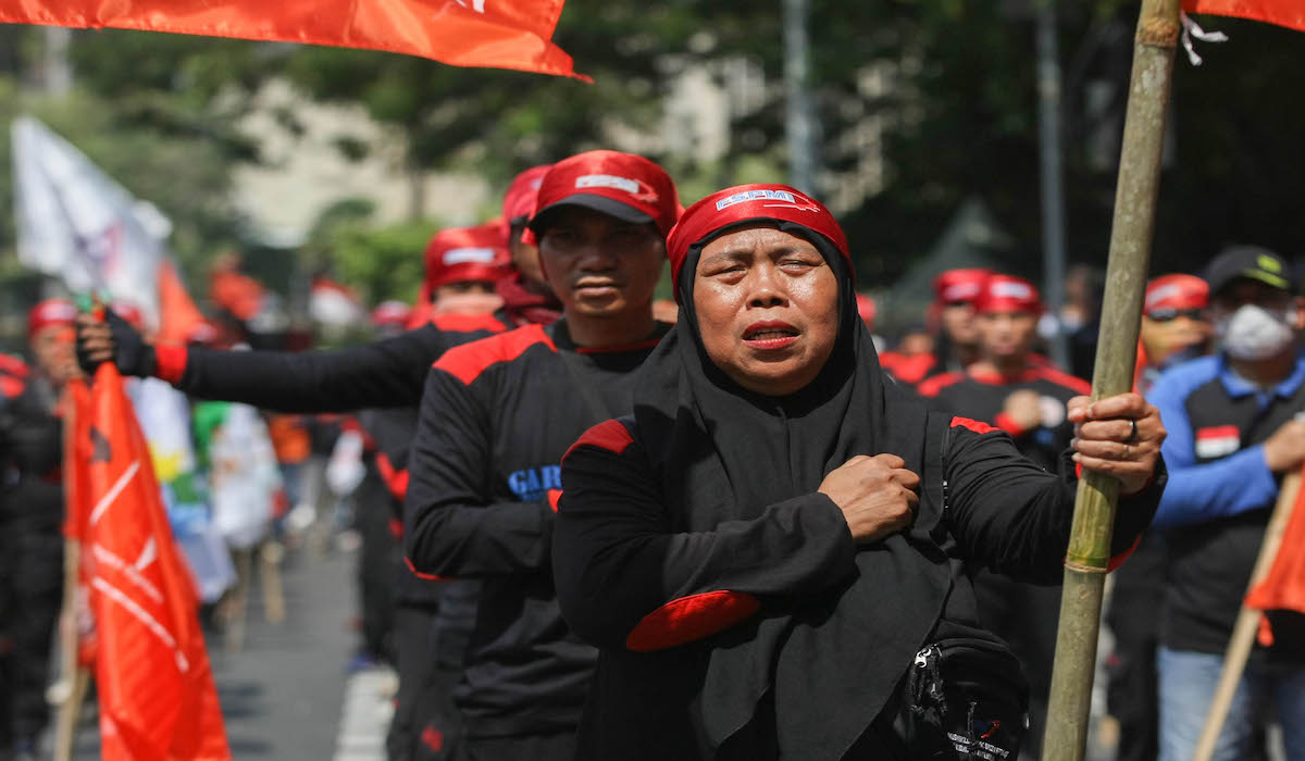 Buruh demo di bundaran patung kuda, Jakarta Pusat, tolak aturan saoal Tapera