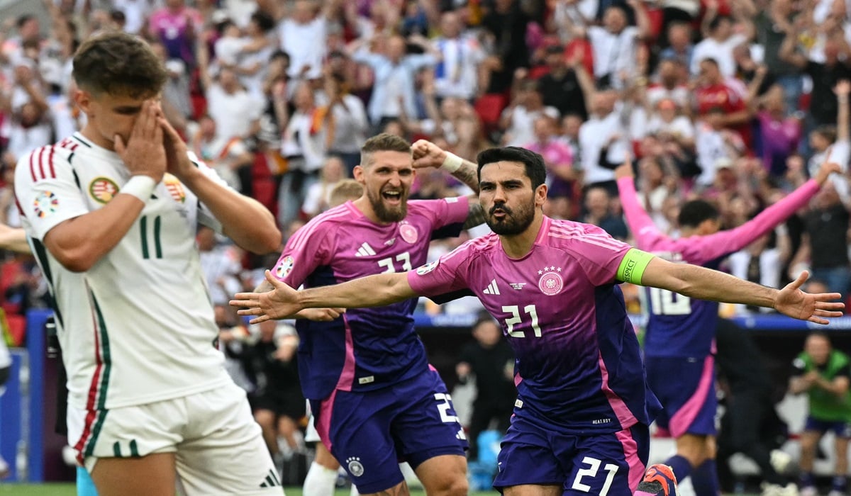 Gelandang timnas Jerman Iklay Gundogan melakukan selebrasi usai mencetak gol ke gawang Hongaria di laga Euro 2024.