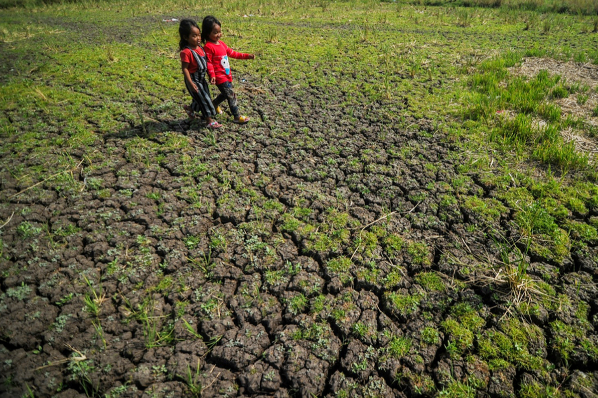 Anak-anak bermain di lahan sawah yang mulai mengalami kekeringan di Cibiru Hilir, Kabupaten Bandung, Jawa Barat