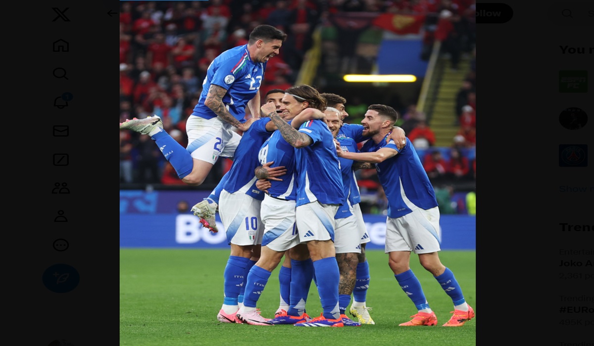 Para pemain Italia melakukan selebrasi usai mencetak gol ke gawang Albania di laga Euro 2024.