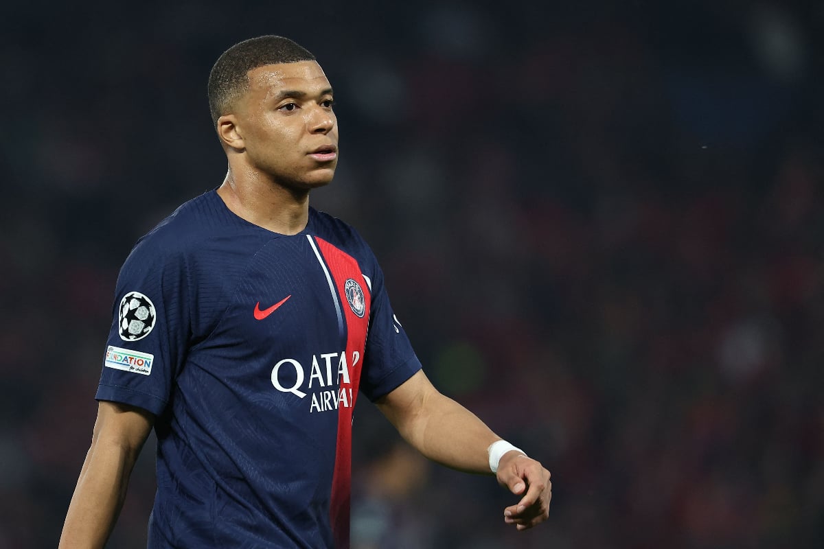Reaksi penyerang Prancis Paris Saint-Germain #07 Kylian Mbappe selama pertandingan sepak bola leg kedua semifinal Liga Champions UEFA antara