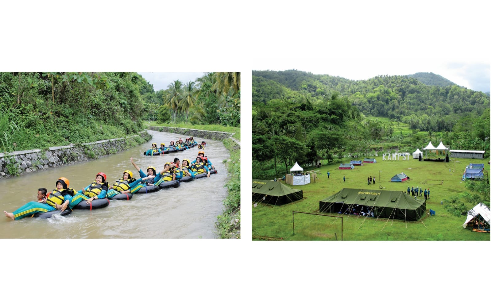 Wisata fun tubing (kiri) dan berkemah adalah dua dari banyak paket wisata berbasis alam dan budaya yang tersedia di Desa Wisata Tinalah.