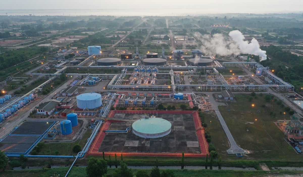 Foto udara CGS 10 di Lapangan Duri, yang merupakan salah satu lapangan injeksi uap terbesar di dunia di Blok Rokan, Riau