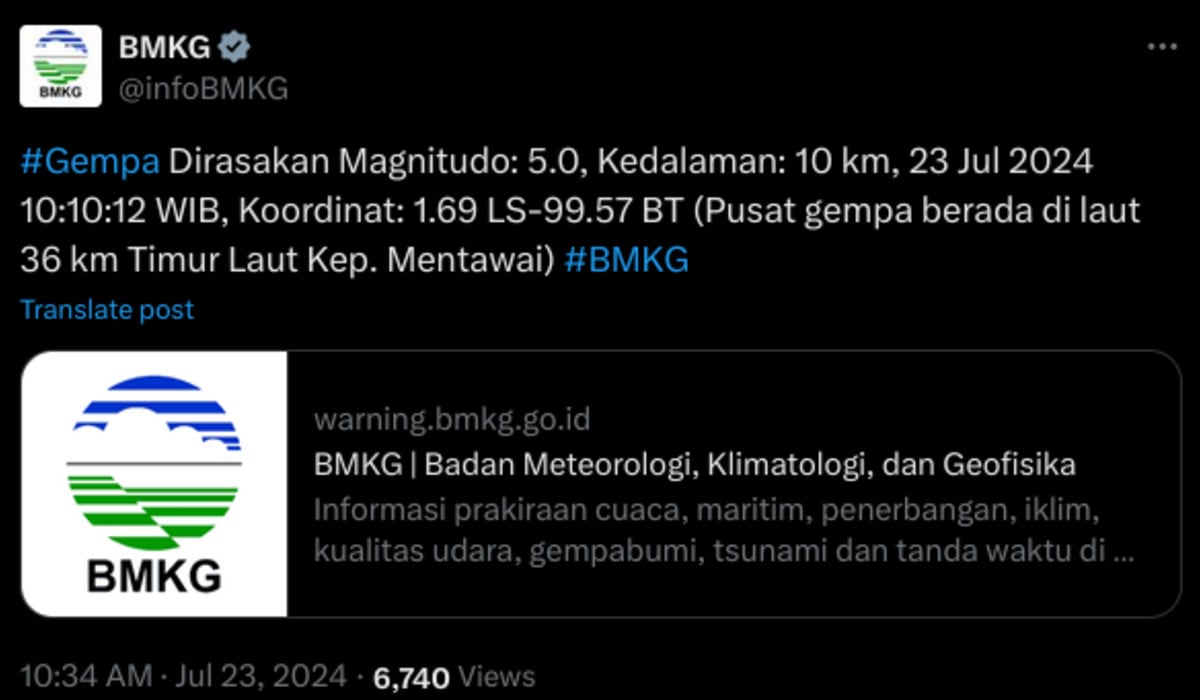 Gempa 5,0 M Landa Mentawai, Belum Ada Laporan Dampak Kerusakan
