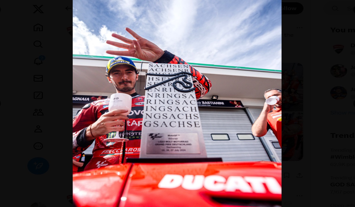 Pembalap Ducati Lenovo Francesco Bagnaia usai menjadi juara GP Jerman.