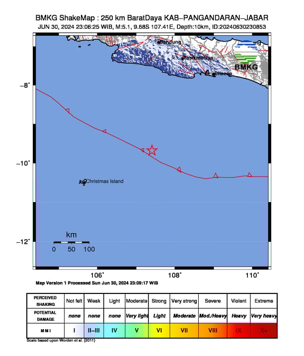 Gempa di 250 km BaratDaya KAB-PANGANDARAN-JABAR