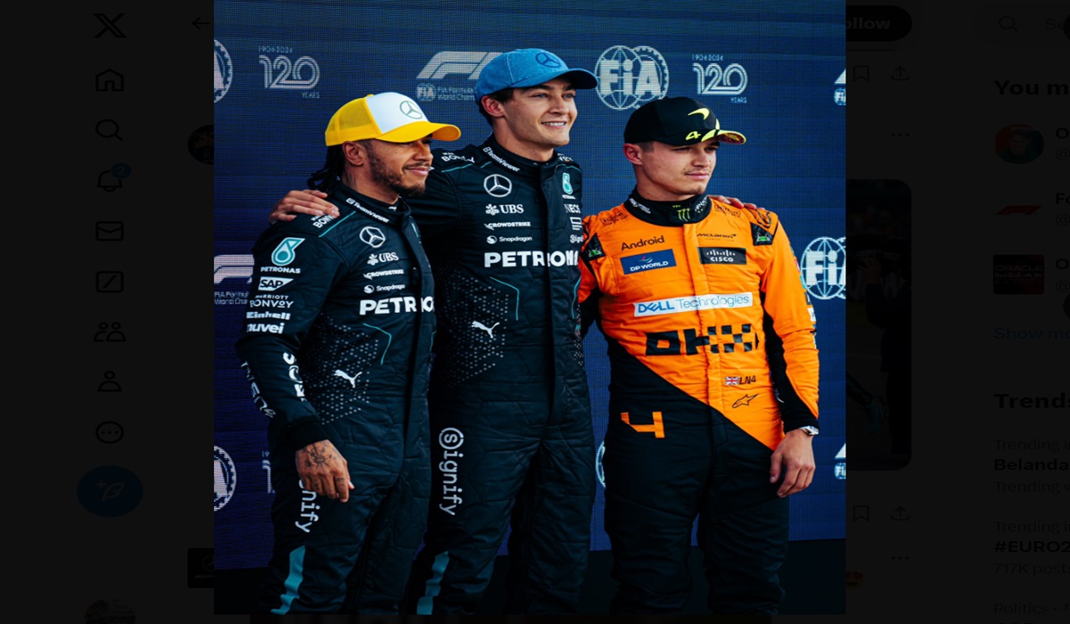Peraih posisi pole di GP Inggris, dari kiri ke kanan: Lewis Hamilton, George Russell, dan Lando Norris. 