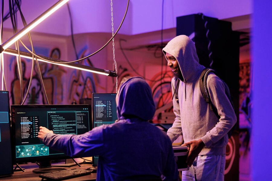 Ilustrasi peretas menunjukkan kode malware pada layar komputer.