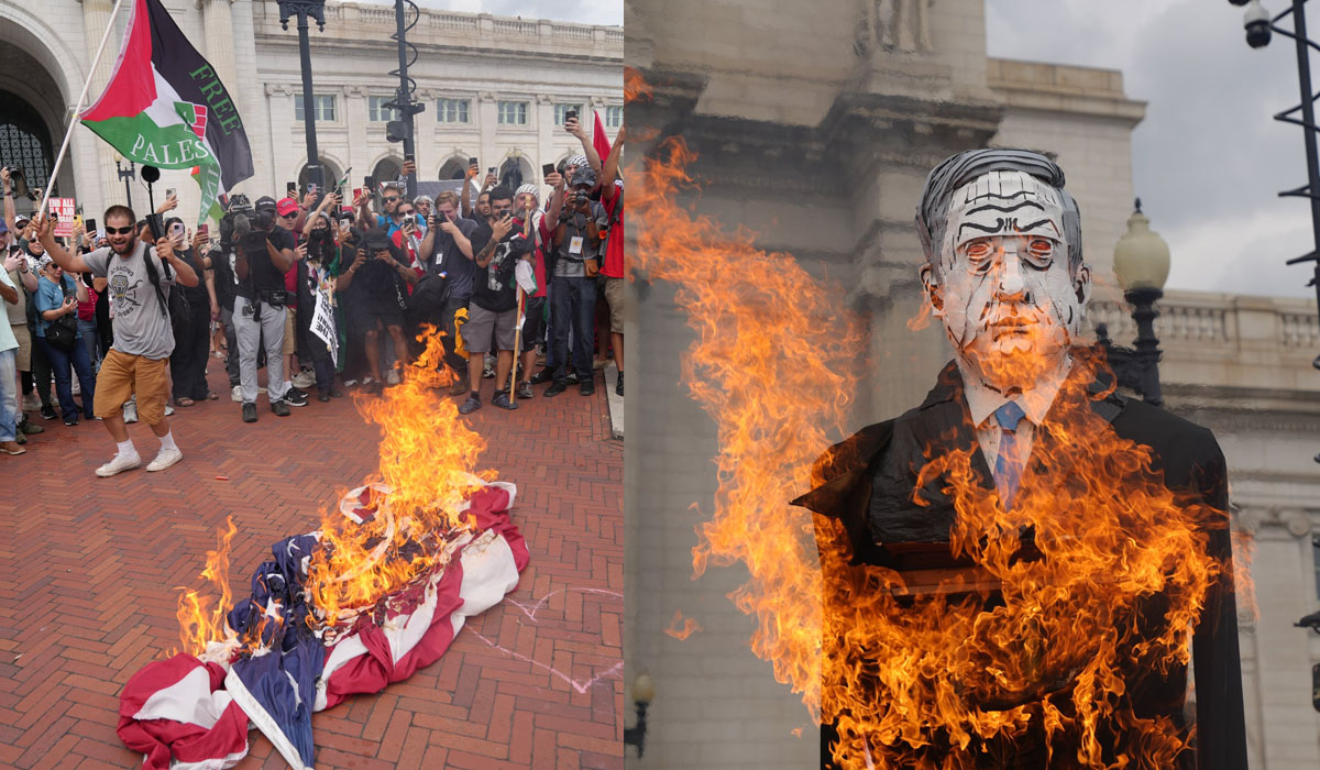 Demonstran Pro-Palestina Bakar Bendera AS dan Protes Selama Kunjungan Netanyahu