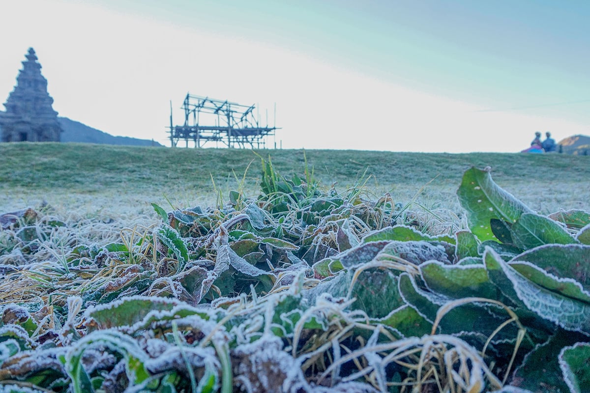 Fenomena embun beku atau bun upas yang terjadi di sekitar kawasan Candi Arjuna, Dieng, Banjarnegara, Jawa Tengah.