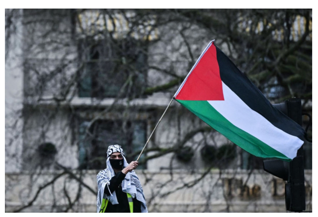 Seorang peserta aksi mengibarkan bendera Palestina.