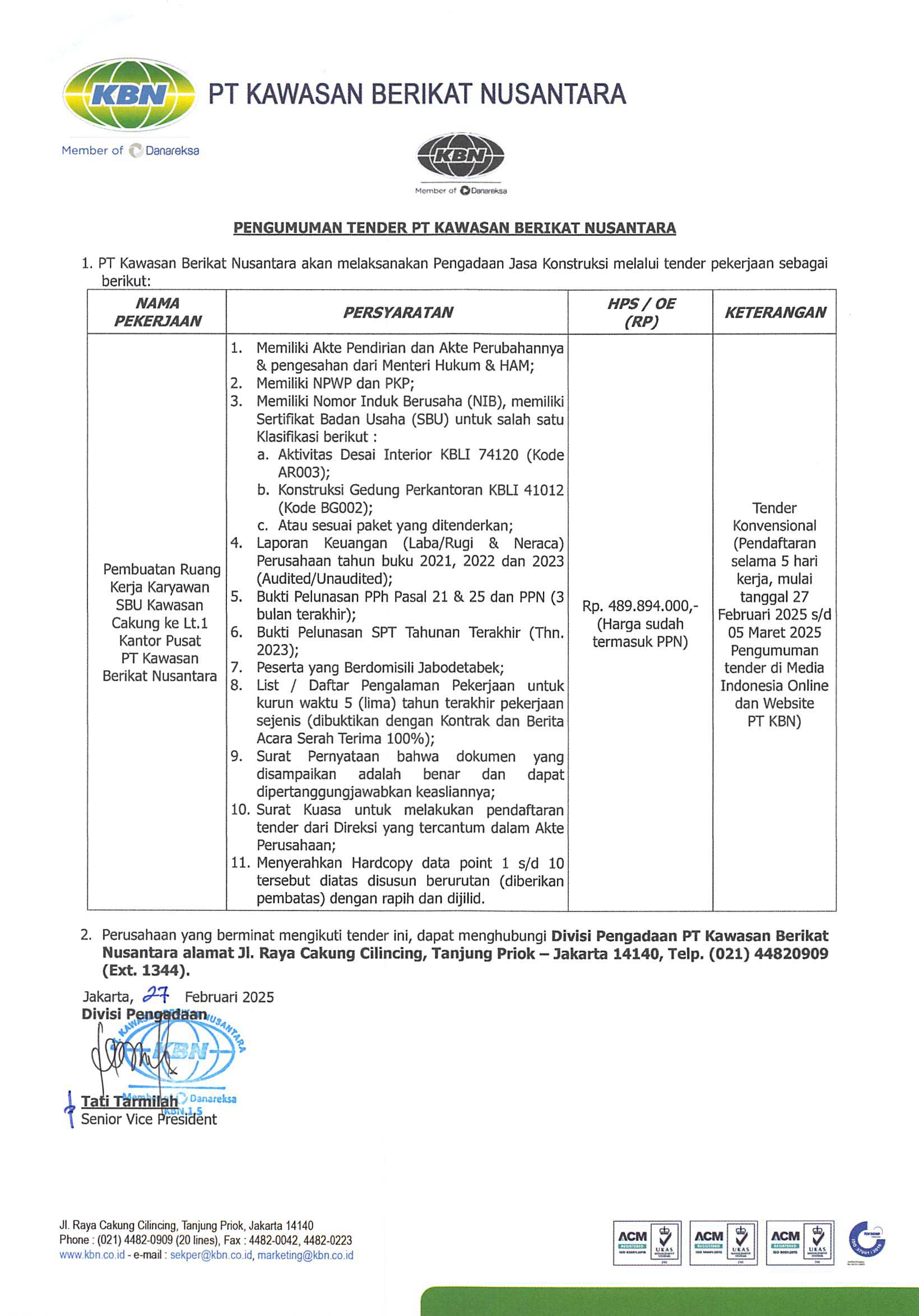 Pengumuman Pengadaan Tender Jasa Konstruksi Pembuatan Ruang Kerja Karyawan SBU Kawasan Cakung