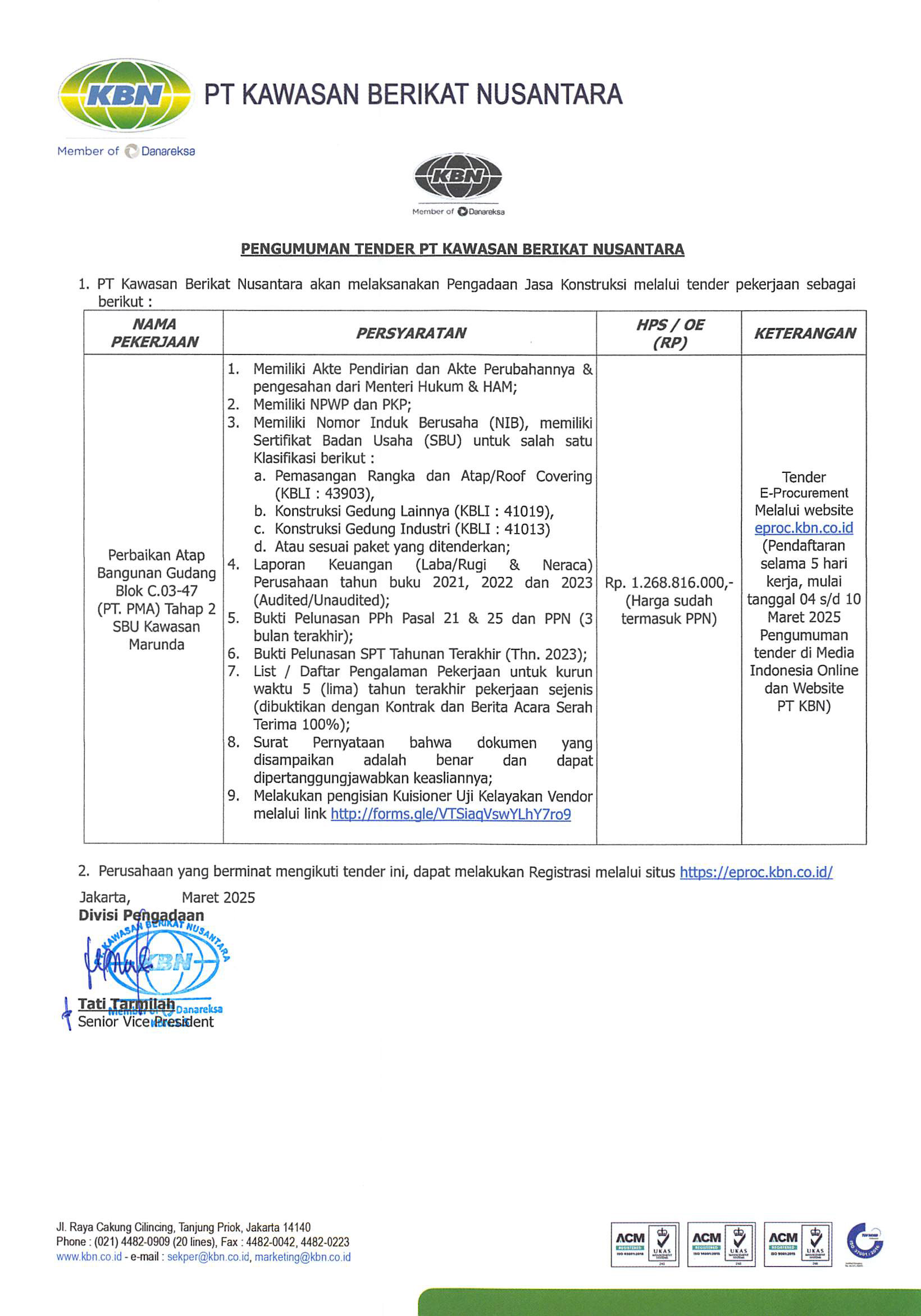 Pengumuman  Pengadaan Tender Jasa Konstruksi Perbaikan Atap Bangunan Gudang