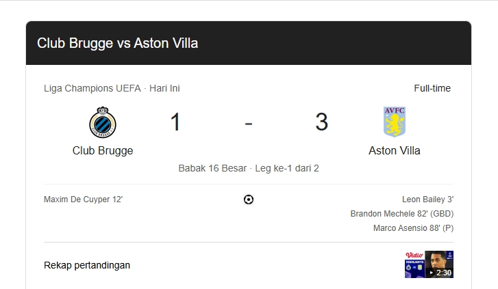 Club Brugge vs Aston Villa: The Villans mengalahkan tuan rumah 1-3