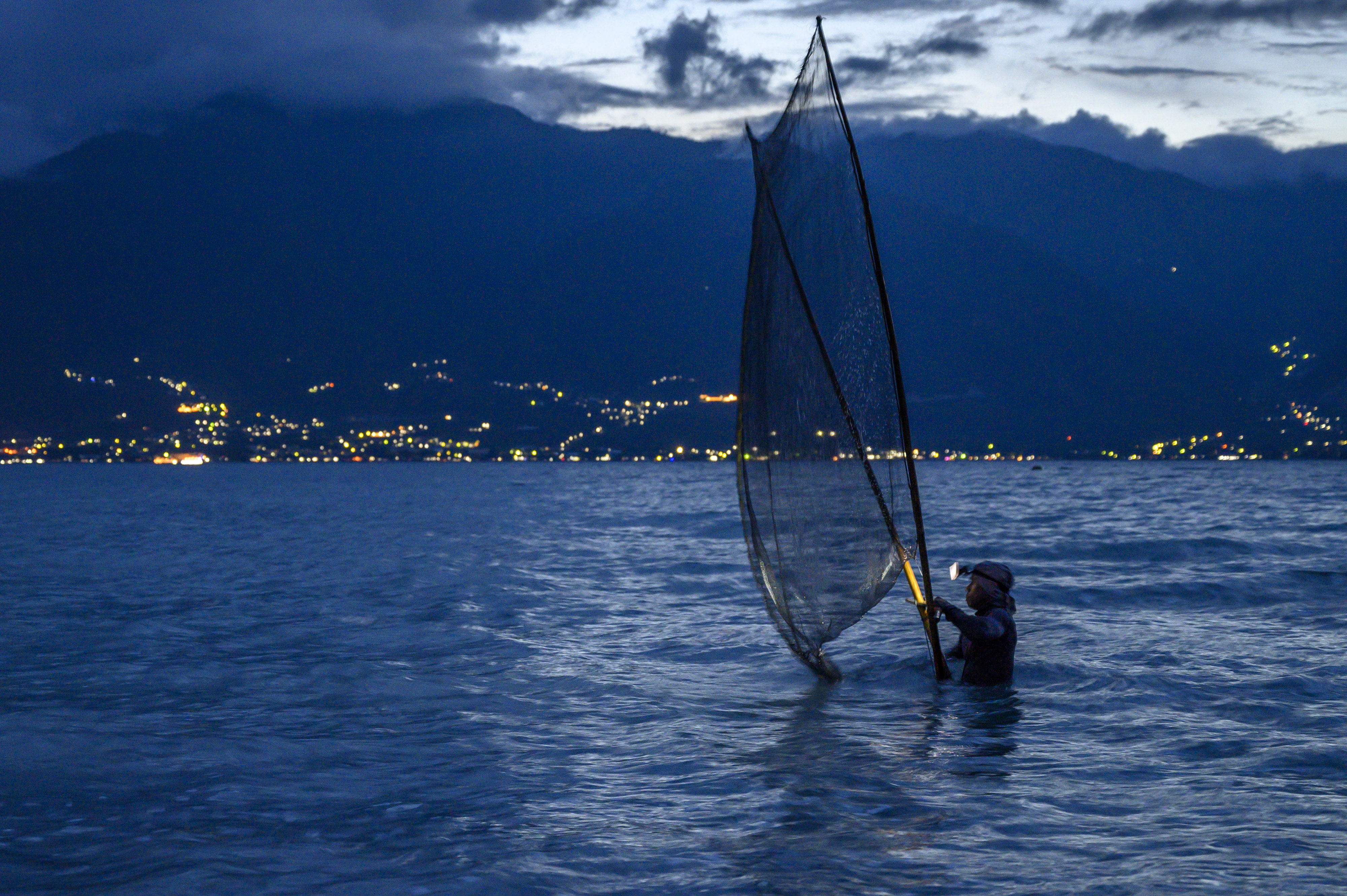 Nelayan Tangkap Udang Kecil di Pantai Teluk Palu